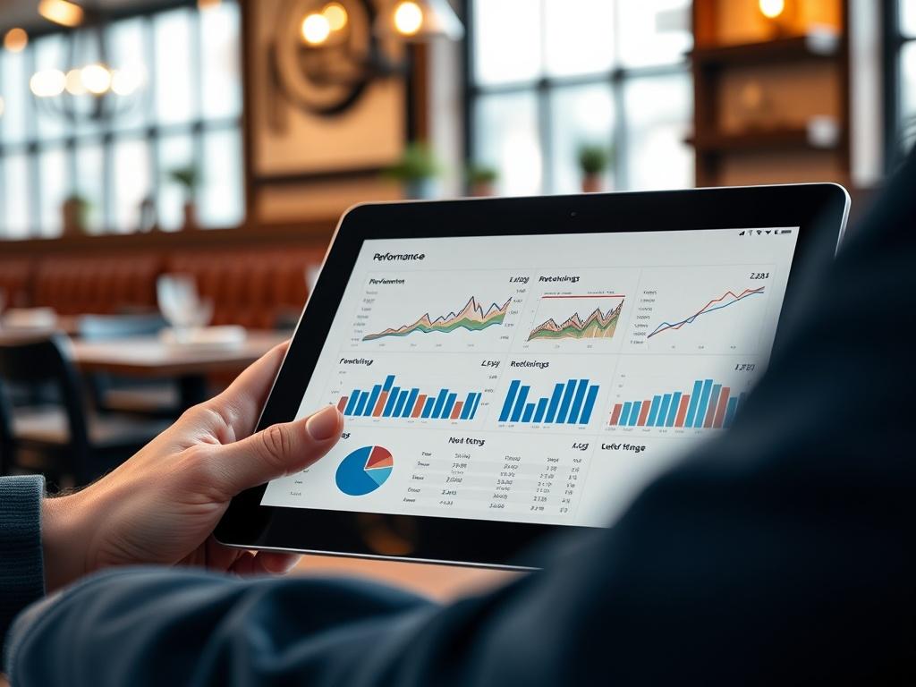 A close-up shot of a tablet displaying a performance report with graphs and statistics, set against a backdrop of a comfortable restaurant interior, emphasizing a professional atmosphere.