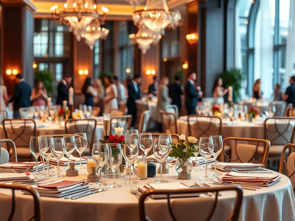 A hyper-realistic close-up shot of a beautifully arranged event setup, showcasing elegantly decorated tables with fine dining, ambient lighting, and stylish chairs. The background should be softly blurred to emphasize the table settings, with hints of guests mingling in an upscale venue. The color palette should include warm tones that complement the primary color rgb(221, 191, 167) and enhance the inviting atmosphere.
