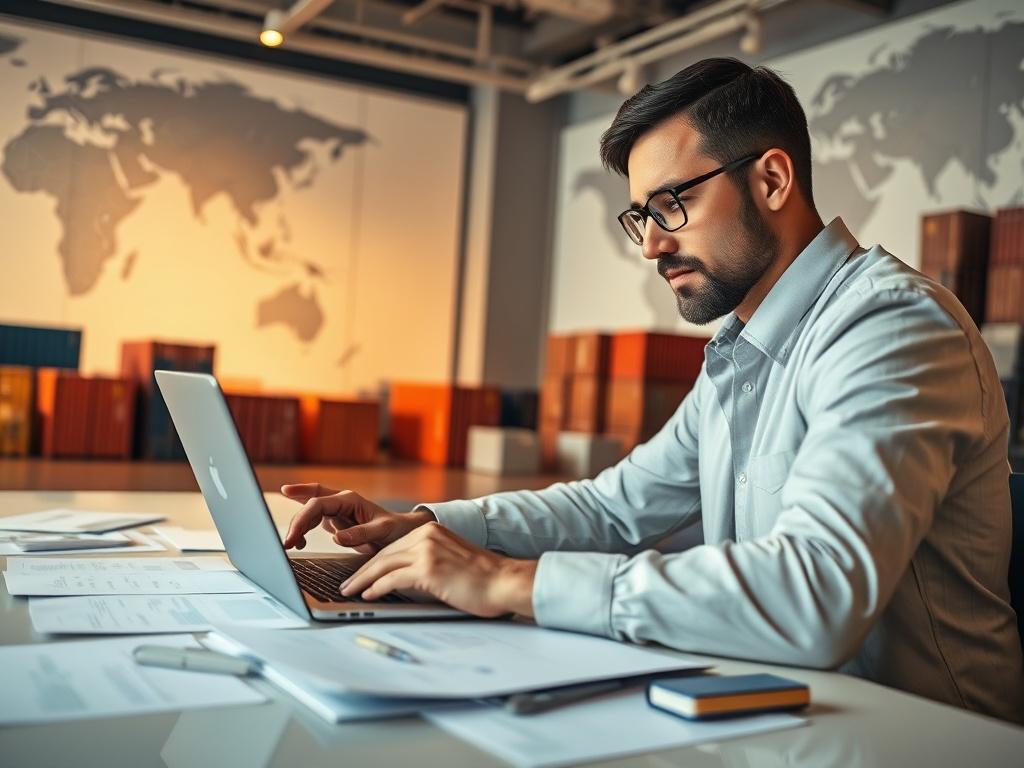 A hyper-realistic image showing a professional freight forwarder at work, coordinating logistics in a modern shipping office. The subject is a focused individual with a laptop and shipping documents spread on the desk. In the background, there are maps and shipping containers visible, illustrating the theme of global trade and logistics. The lighting is warm and inviting, highlighting the professionalism of the environment.