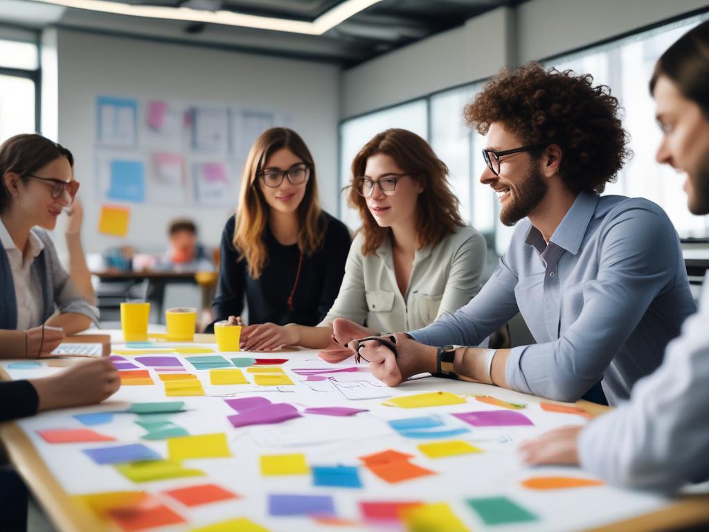 A dynamic scene of a marketing team brainstorming ideas in