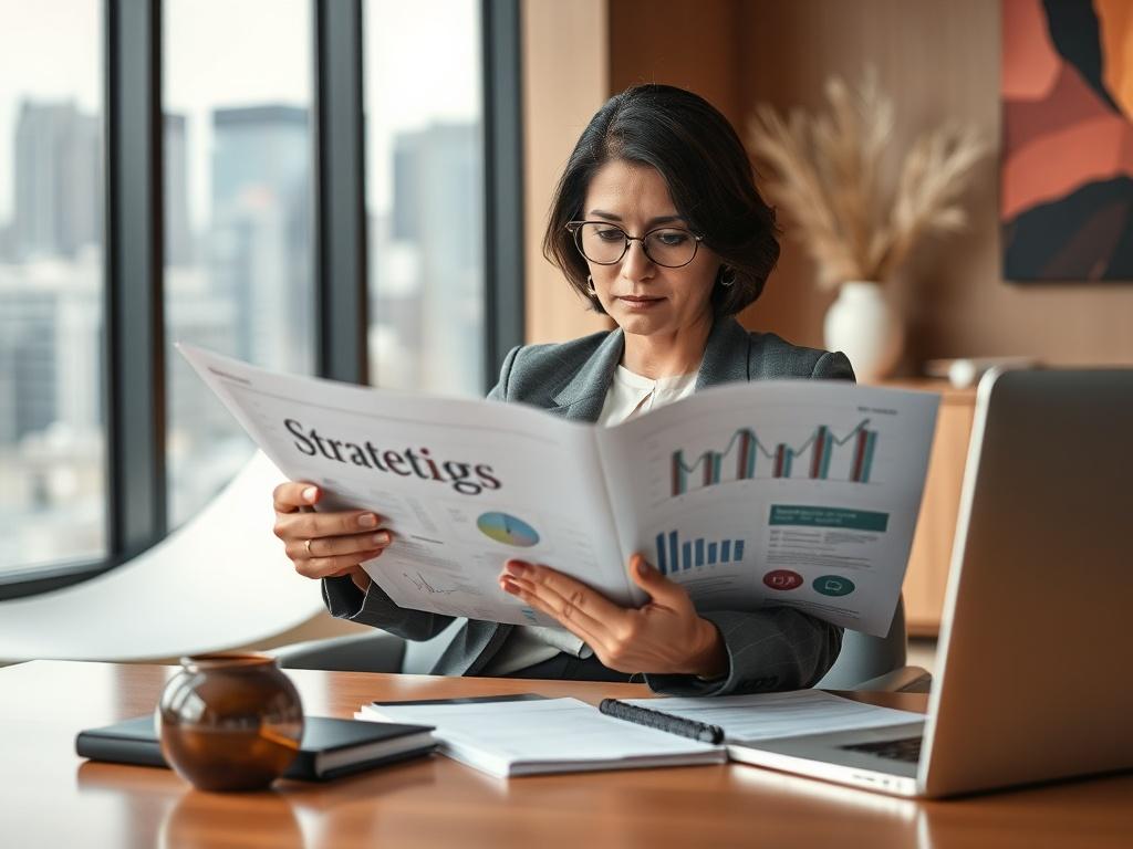Create a realistic high-resolution photo that captures the essence of "The Importance of Strategic Planning for Business Success." The image should feature a focused composition with only one subject: a confident business professional, a middle-aged South Asian woman, seated at a sleek modern desk. She is intently reviewing a strategic planning document, sifting through charts and graphs while taking notes on a notepad.

Ensure the background is a clean and modern office environment, softly blurred to keep the focus on the professional. The office should have minimalistic design elements with a large window letting in natural light, hinting at a city skyline to suggest an urban setting. Use a warm and inviting color palette, dominated by neutral tones, complemented by the RGB color (221, 191, 167) subtly in the decor—like a vase or wall art—without overwhelming the scene.

The overall mood should convey determination and clarity, emphasizing the significance of strategic planning in driving business success and growth. Avoid any text or abstract shapes in the image to maintain its professional tone.