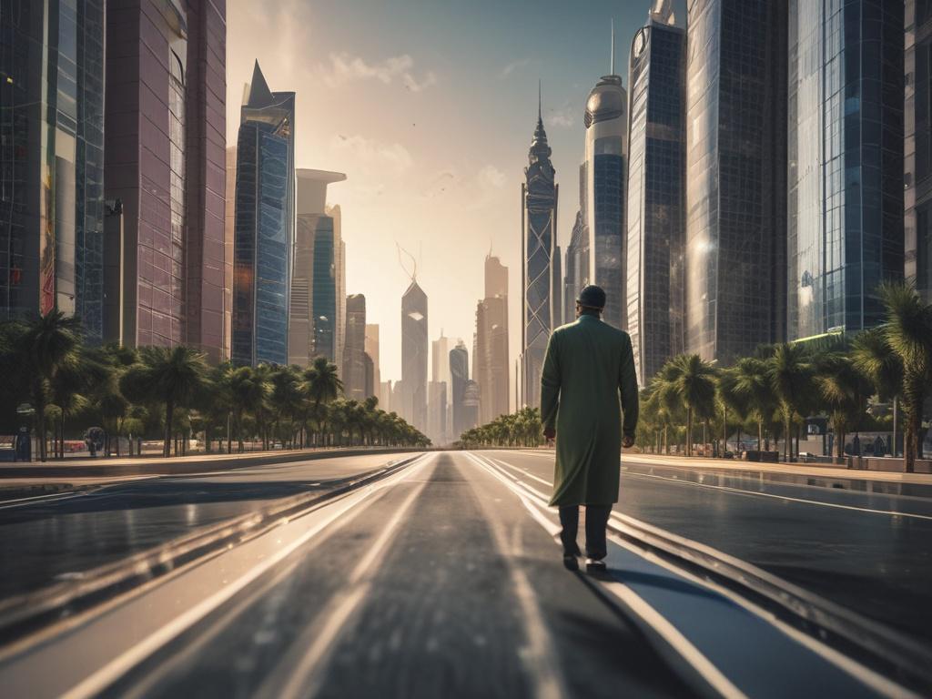 **AI Image Generation Prompt:**

Create a realistic high-resolution photo that captures the essence of business growth in Saudi Arabia, reflecting the blog titled "Navigating Business Growth in Saudi Arabia." The composition should be simple and clear, featuring a single, focused subject: a confident young Saudi entrepreneur standing outdoors with an iconic Riyadh skyline in the background. 

The entrepreneur should be dressed in professional attire, holding a tablet or smartphone that represents technologi