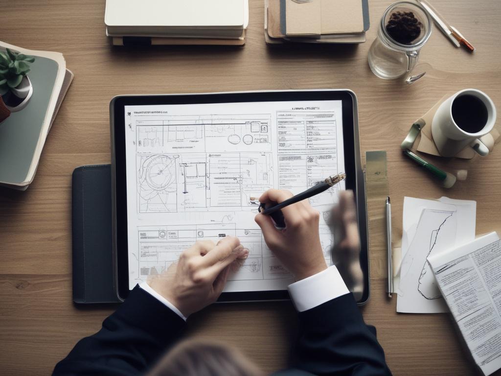 A close-up shot of a business professional analyzing a strategic development plan on a sleek tablet. The professional is dressed in business attire, focused and engaged, surrounded by a modern office environment with soft lighting. The background features a blurred view of a city skyline through a large window, emphasizing a sense of growth and opportunity. The image is rendered in high-resolution with a warm golden hue, compatible with the color rgb(221, 191, 167).