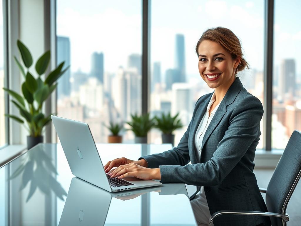 Create a highly realistic, high-resolution photo that embodies the concept of HR services enhancing business operations. The image should feature a confident, professional woman in business attire, sitting at a sleek, modern office desk. She should be smiling and engaging with a laptop, subtly indicating a meeting or virtual consultation. 

The background should be a well-lit, contemporary office space with large windows that let in natural light, showcasing a view of a bustling city skyline. The office should have minimalistic decor, with a few indoor plants to add a touch of vibrancy and a clean, uncluttered workspace to reflect efficiency.

Ensure that the focus remains solely on the woman at the desk, capturing her expressiveness and authority in the subject of HR services. The composition should be simple and clear, highlighting the professional atmosphere, and reinforcing the message of transformation and success in business operations. Avoid any text or abstract shapes in the image. Optimize the colors to reflect the primary color of rgb(221, 191, 167), ensuring a warm and inviting tone throughout the scene.