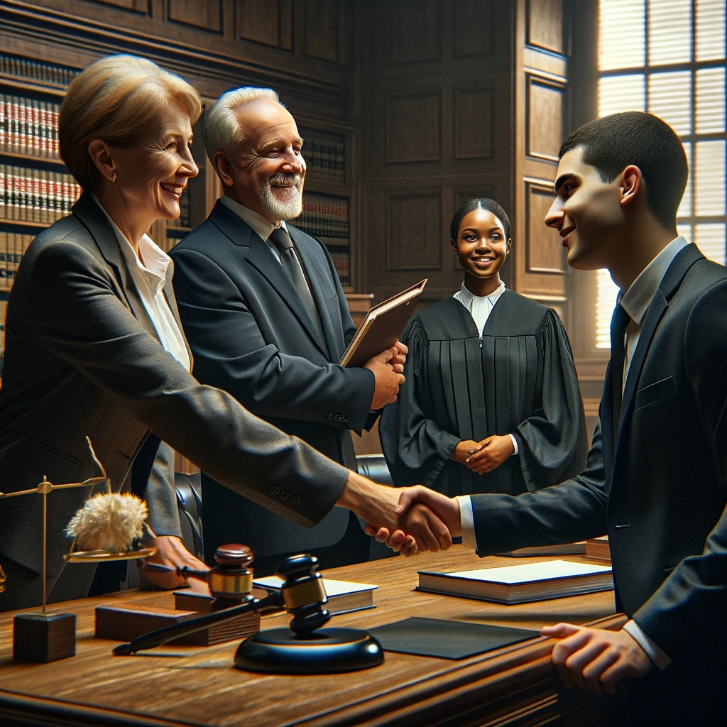 dall·e 2024-04-25 09.41.05 - a realistic photograph-like image depicting a successful plea bargaining scene in a courtroom setting. the courtroom is traditional, with wood panelin.webp
