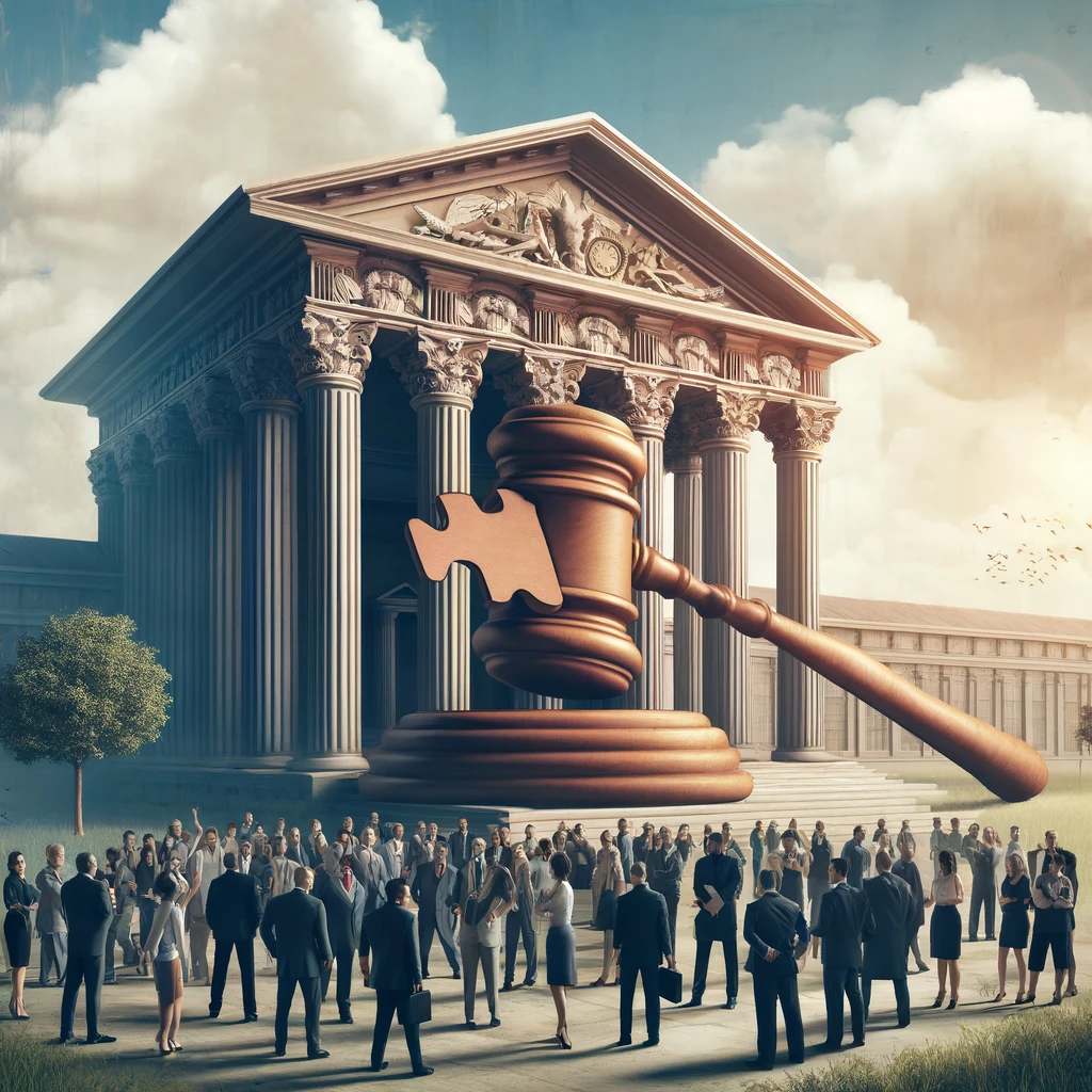 dall·e 2024-04-24 19.14.48 - a conceptual artwork representing the themes of legal reform and jurisprudence. the image features a large, traditional courthouse with towering colum.webp