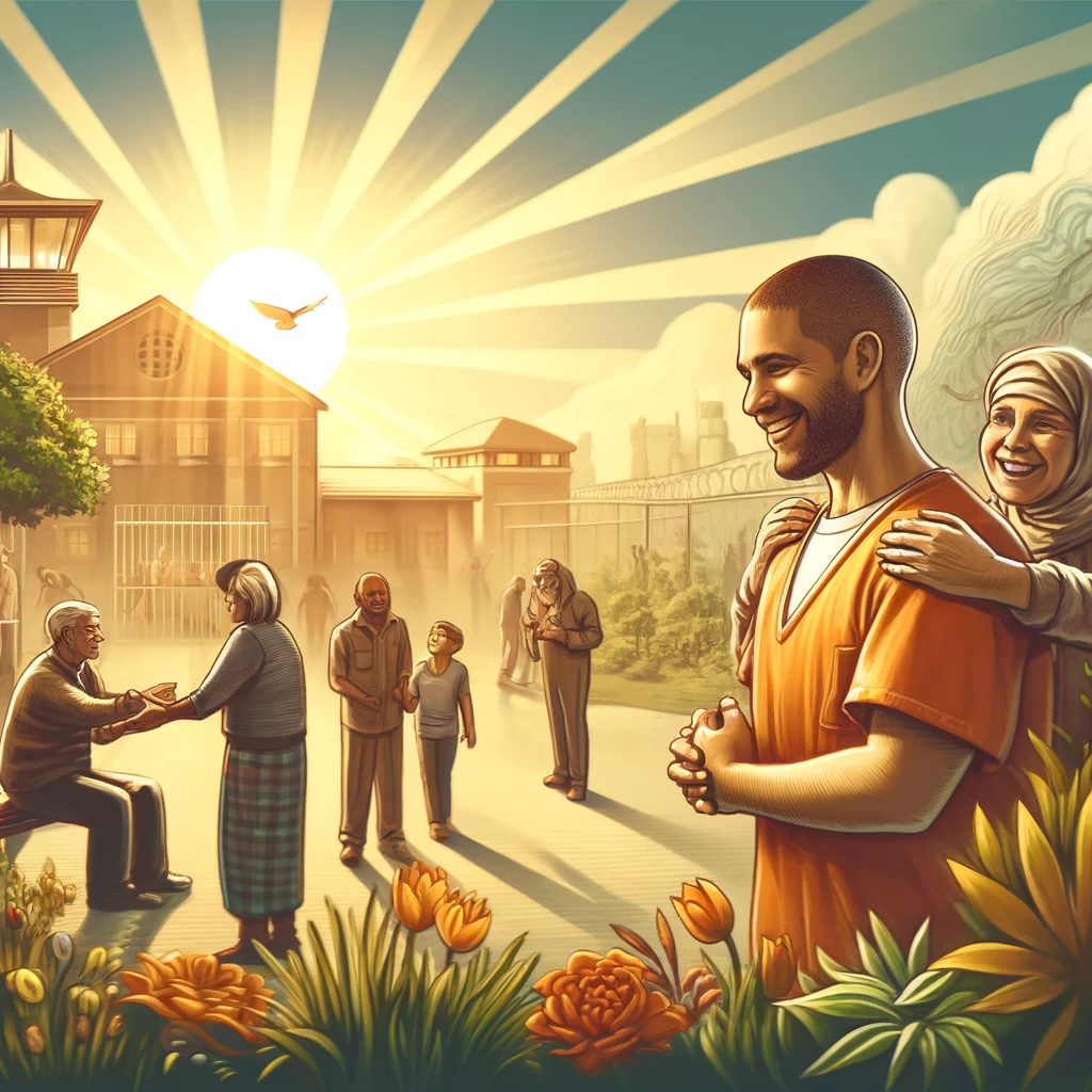 dall·e 2024-04-25 09.46.27 - a warm and hopeful image depicting the positive aspects of temporary prison releases for social reintegration. the scene includes a smiling former inm.webp