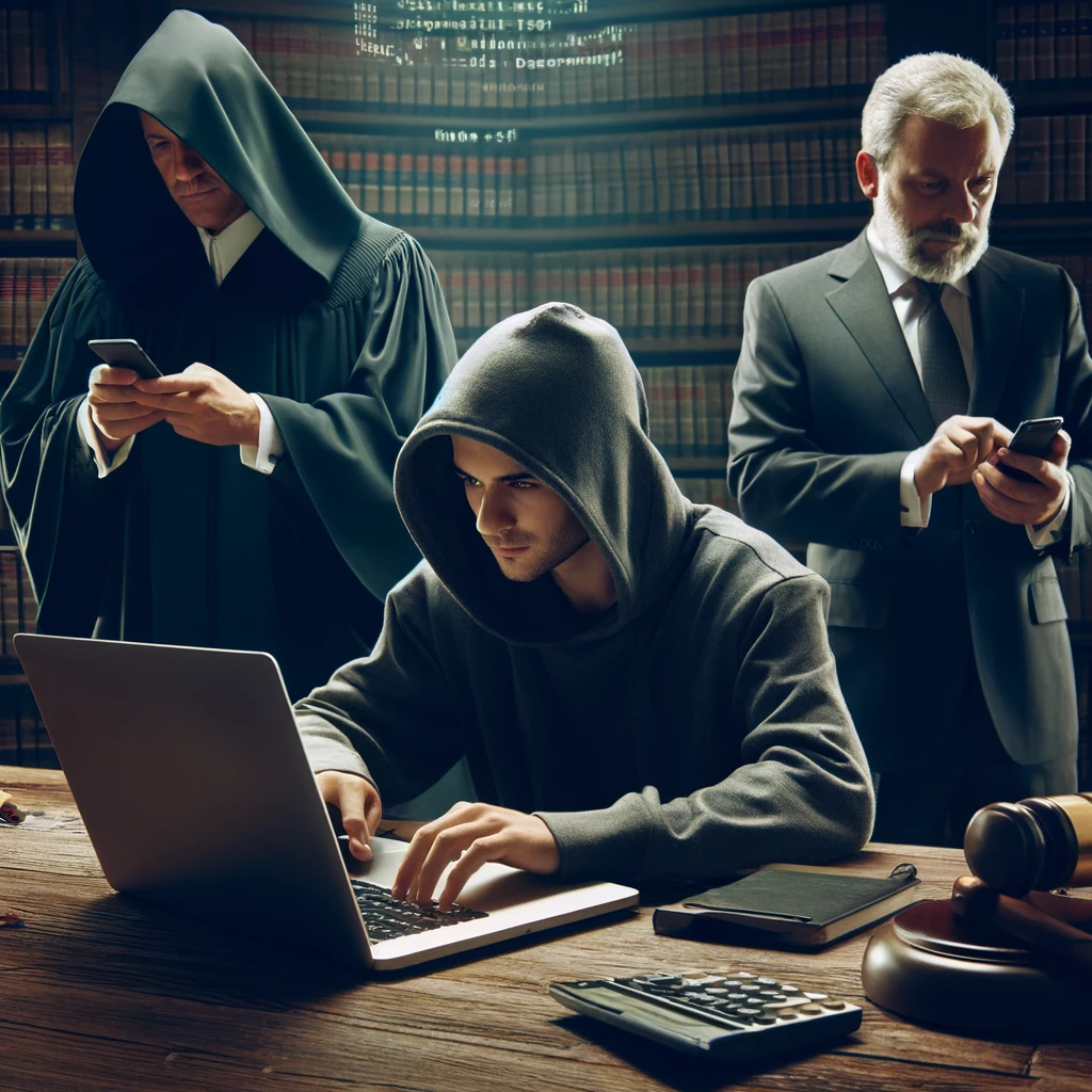 dall·e 2024-04-25 10.06.01 - a refined conceptual representation of 'vaza-jato' focusing on the hacker, judge, and prosecutor. in this scene, only the hacker wears a hood, emphasi.webp