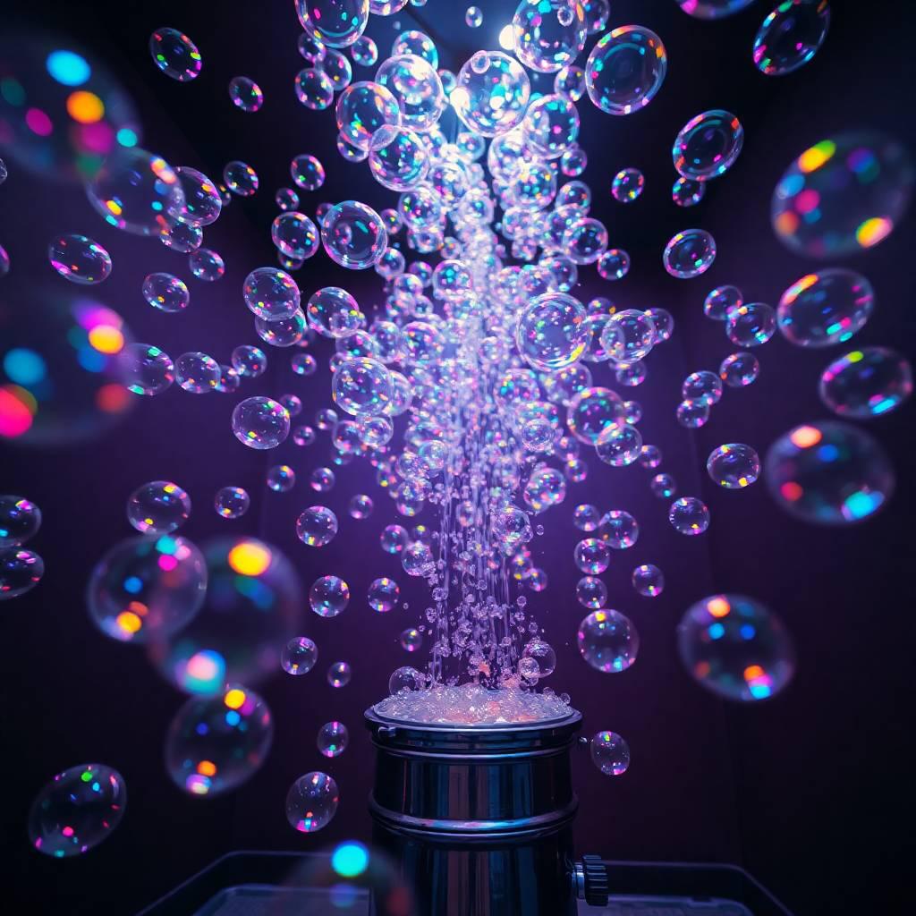 photorealistic image, a room filled with soap bubbles from a machine, low angle perspective, iridescent colors, iridescent reflections, looking up, dramatic, glowing, magical, and fun atmosphere.jpg