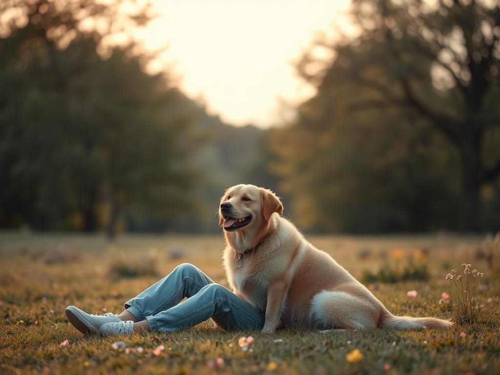 A tranquil outdoor scene featuring a person sitting on the grass with their dog, both looking peaceful and connected, surrounded by trees and flowers, soft tones and warm lighting.