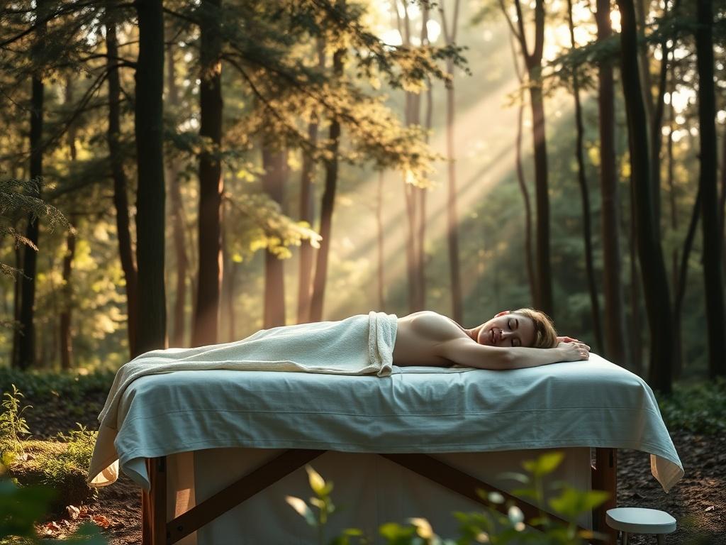 A peaceful, serene setting in a forest with soft sunlight filtering through the trees, a calm person lying on a massage table receiving energy healing, surrounded by nature, soft colors and gentle lighting.