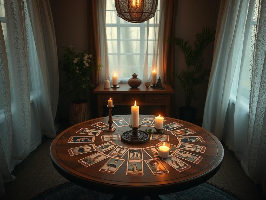 A cozy, inviting space with a round table set up for a tarot reading, candles, and tarot cards spread out, softly illuminated by gentle light, creating an intimate atmosphere.