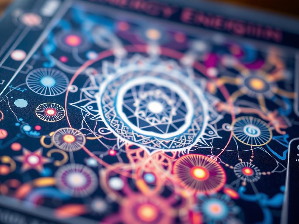 A close-up shot of a beautifully illustrated energy blueprint, featuring intricate designs that represent various energy patterns and flow. The background should be softly blurred to highlight the details of the blueprint, with vibrant colors that evoke a sense of calm and healing. The illustration should be captivating and inviting, emphasizing the connection between energy and well-being.