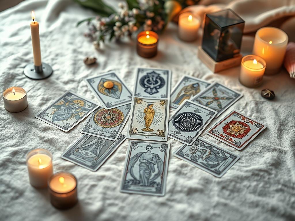 A serene, high resolution image of a tarot card spread