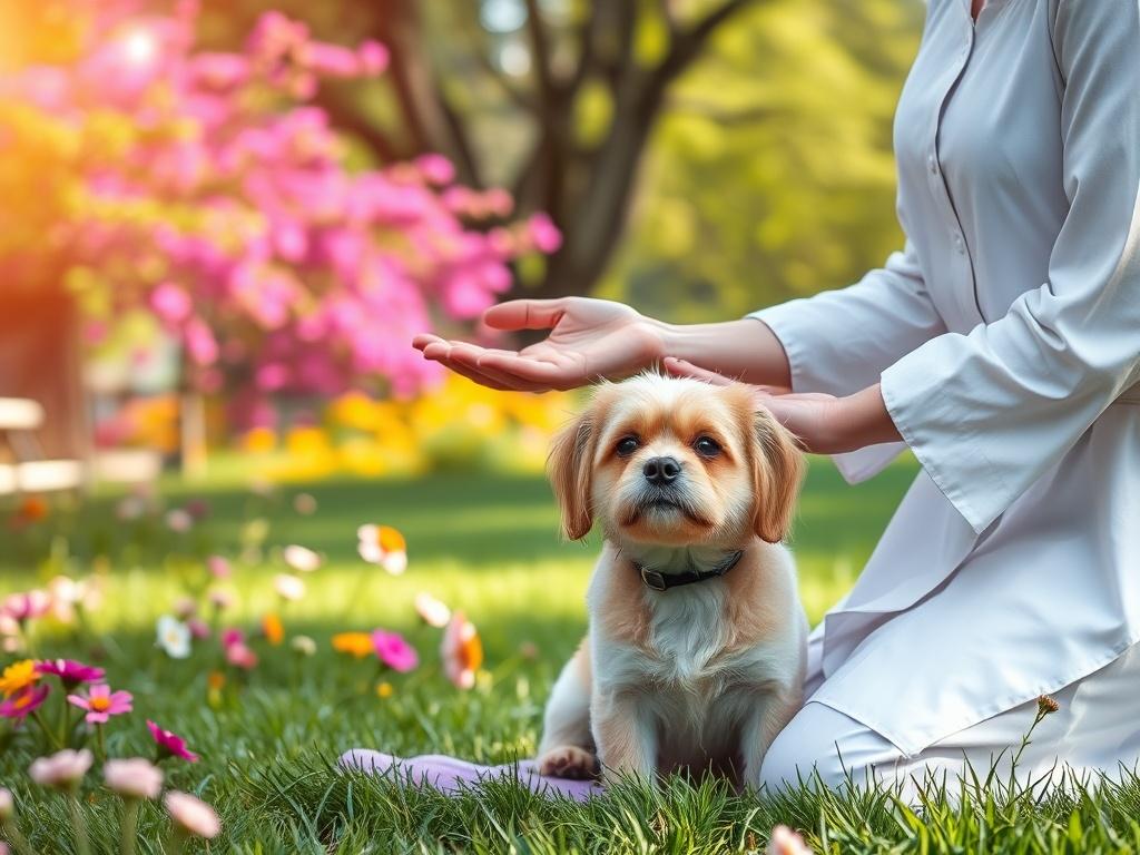 A heartwarming scene of a small dog receiving Reiki treatment outdoors in a lush green park. The practitioner kneels beside the dog, their hands hovering gently above the animal, which appears calm and at ease. The backdrop is filled with vibrant flowers and trees, creating a colorful and peaceful environment. Soft pink and purple tones subtly blend into the scene, reflecting the nurturing energy of the session.