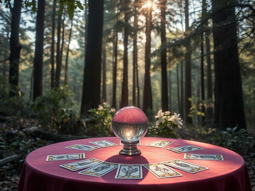 A serene scene in a softly lit forest, featuring a table with a beautifully arranged tarot card spread. A gentle breeze rustles the leaves, and a crystal ball sits at the center of the table, reflecting the warm hues of pink and purple. The background is filled with tall trees and dappled sunlight filtering through the branches, creating a mystical atmosphere.
