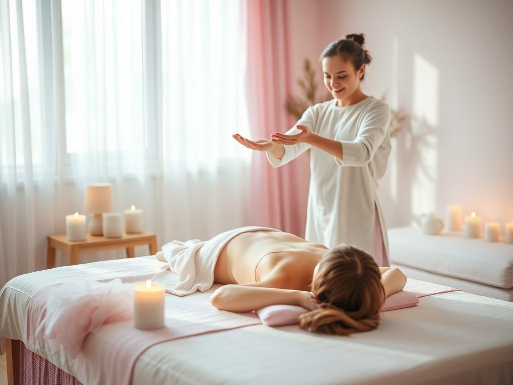 A calming indoor setting, where a tranquil Reiki session is taking place. A practitioner gently places their hands above a relaxed individual lying on a massage table, surrounded by soft pillows and soothing candles. The room is adorned with shades of pink and purple, enhancing the peaceful ambiance. Natural light streams in, casting a warm glow over the scene, evoking a sense of serenity and healing.