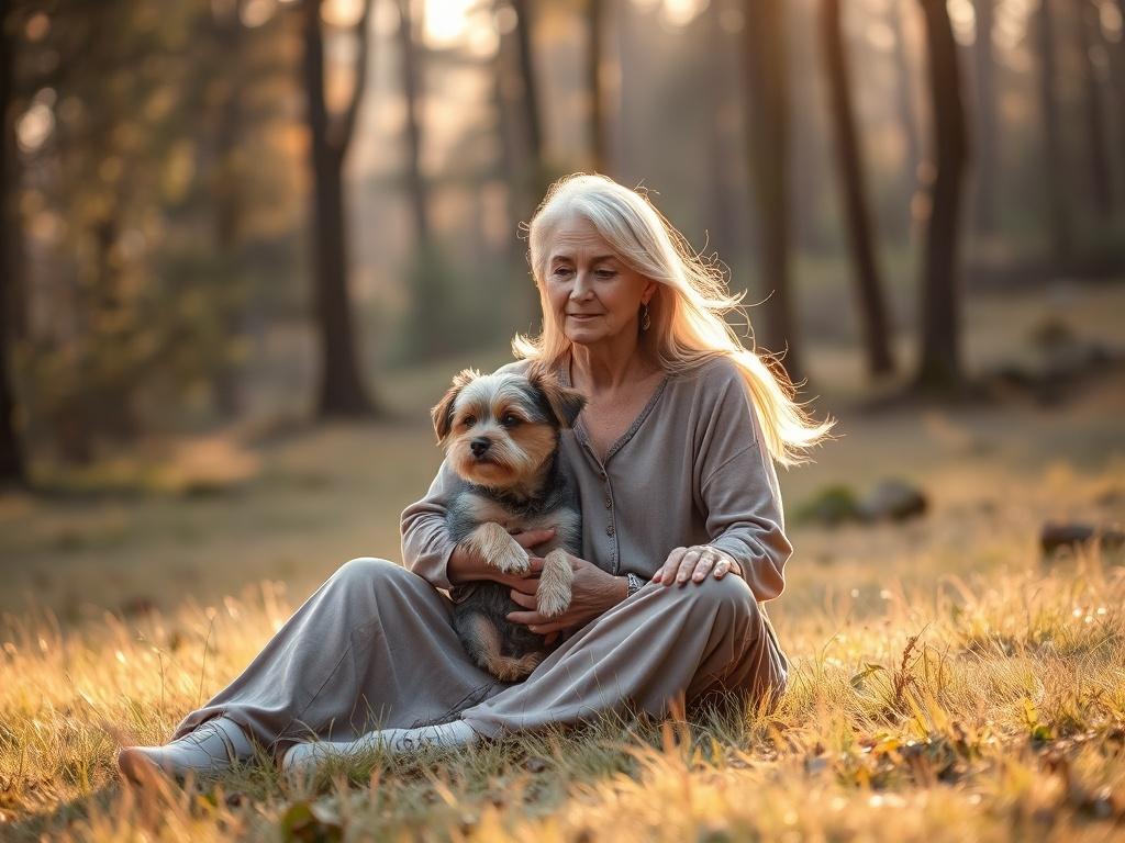 A serene setting featuring a person gently sitting on the grass, holding a small dog in their lap. The person, a middle-aged woman with flowing hair, looks content and focused, as she connects with the dog. The background is a peaceful forest clearing with soft sunlight filtering through the trees, creating a warm and inviting atmosphere. The color palette features soft pinks, purples, and grays to evoke a mystical feeling.
