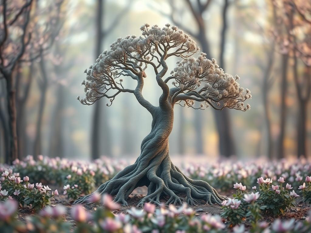 A serene setting in a softly lit forest, featuring a single, wise-looking tree with intricate roots. The tree represents growth and wisdom, surrounded by gentle, pastel-colored flowers in shades of pink and purple. The background is blurred to create a peaceful atmosphere, emphasizing the tree as the focal point. The overall composition conveys a sense of tranquility and introspection, inviting viewers to explore their inner potential.