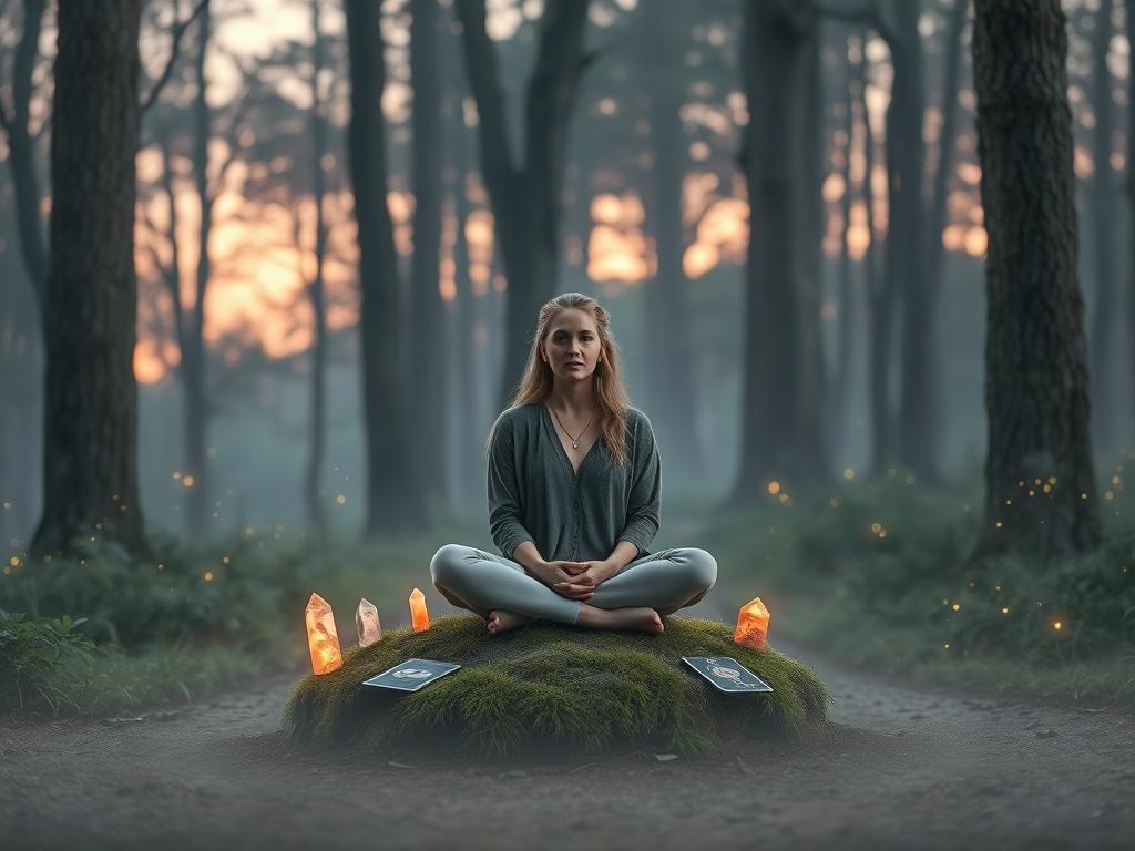 A serene, peaceful forest scene at dusk, with gentle lighting casting soft shadows. In the foreground, a wise-looking woman sits cross-legged on a mossy stone, surrounded by glowing tarot cards and crystals. The atmosphere is tranquil and mystical, with a backdrop of tall, ancient trees and twinkling fireflies. The color palette includes soft pinks, purples, and grays, harmonizing with the magic of the forest.