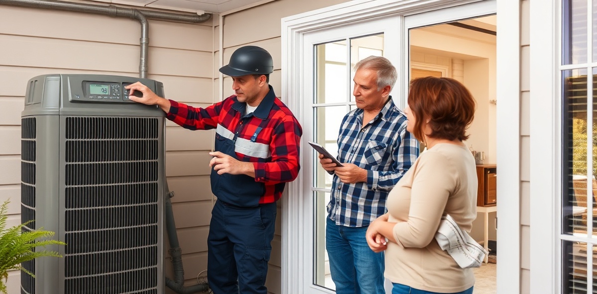 Professional HVAC technician checking outdoor heat pump unit and discussing comfort concerns with homeowner indoors