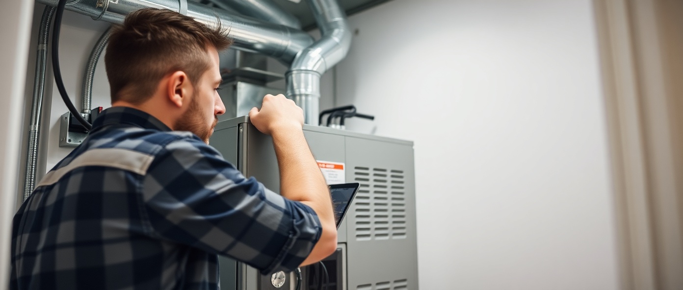 Professional HVAC technician installing a new high-efficiency furnace system in residential home mechanical room