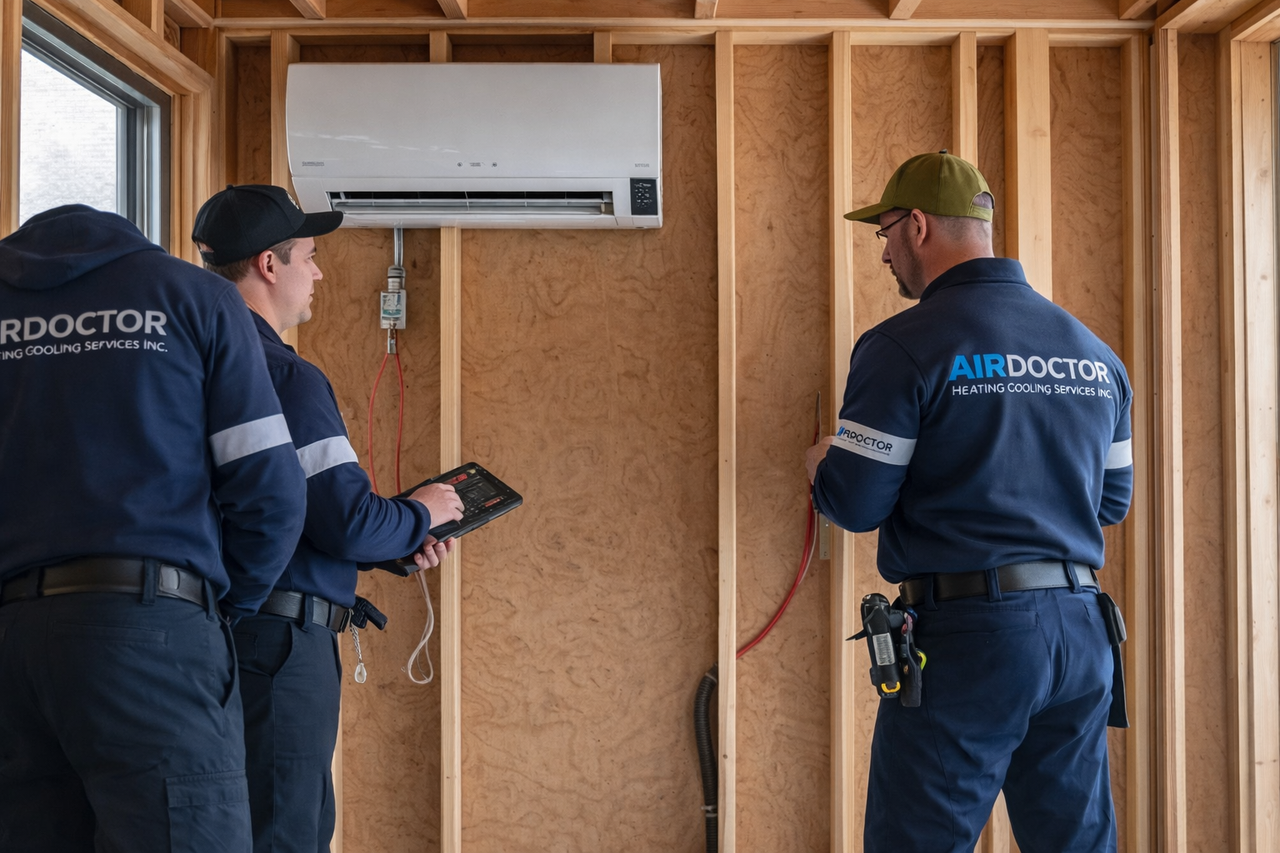Professional HVAC contractor team installing mini-split system