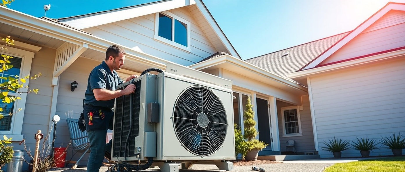 Professional HVAC technician completing premium AC condenser unit installation beside clean modern residential home in summer daylight