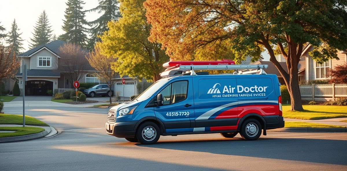 Air Doctor HVAC service vehicle in a clean suburban neighborhood of the Pacific Northwest