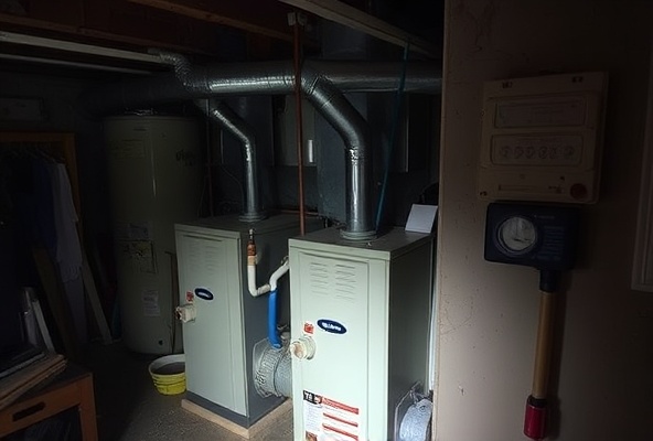 Before: Old furnace equipment in basement