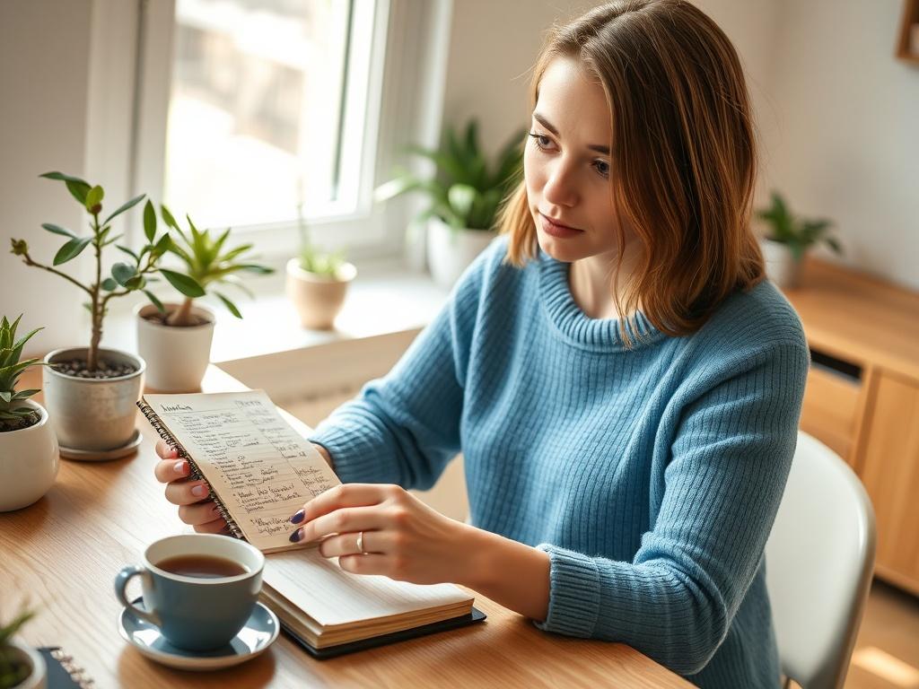 Create a realistic high-resolution image that reflects the theme of accountability for ADHD and highly sensitive individuals. The composition should feature a single subject—an engaged, thoughtful young adult sitting at a desk with natural light streaming in from a nearby window. 

The subject, a Caucasian woman in her late 20s, should be looking directly at her notebook with determination. She is casually dressed in a soft blue sweater, giving a relaxed and approachable vibe. The notebook should be open to
