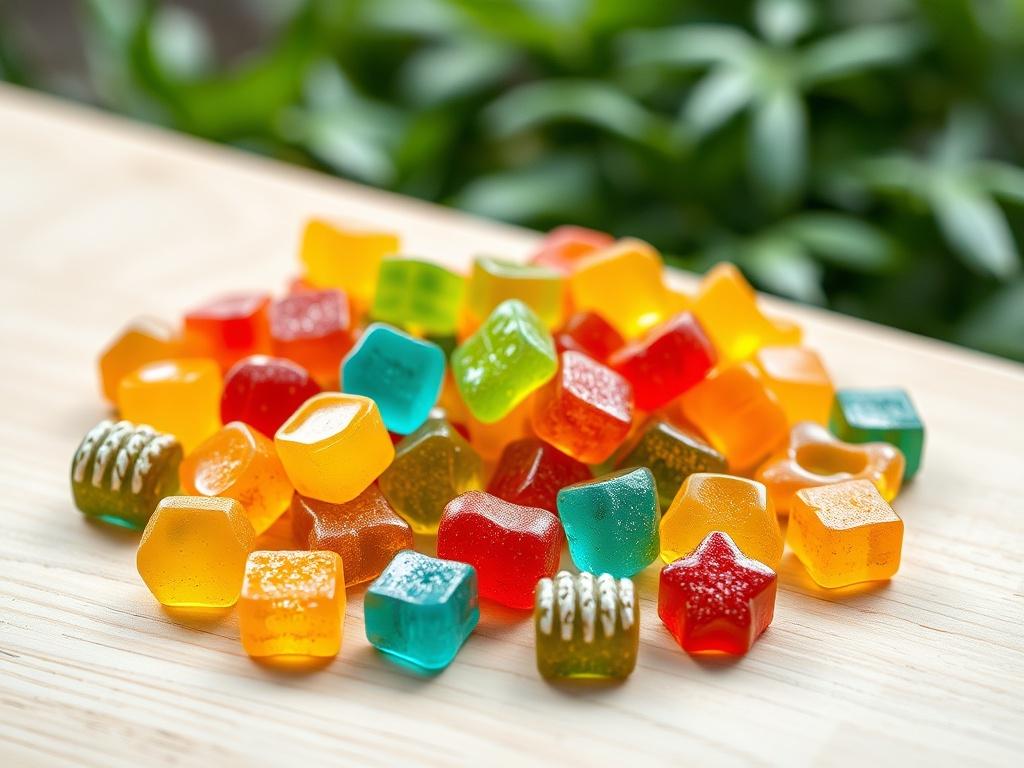 A vibrant high resolution image of colorful CBD gummies in