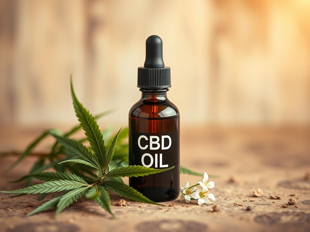Create a realistic high-resolution photo depicting a single essential oil bottle prominently labeled as "CBD Oil." This bottle should be featured in the center of the composition, elegantly crafted from dark glass to convey a sense of quality and sophistication. 

The background should be softly blurred to maintain focus on the bottle while enhancing the warm, earthy tones of the image. Incorporate natural elements, such as a fresh green hemp leaf or delicate hemp flowers strategically placed near the base 
