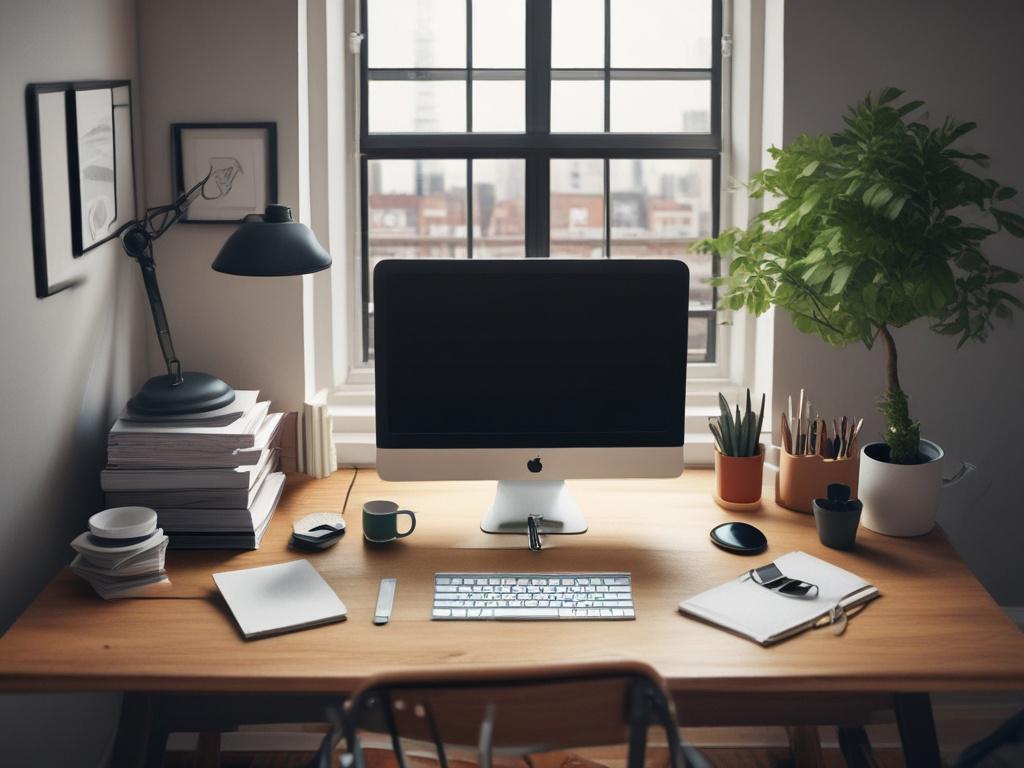 Create a realistic high-resolution photo that captures the essence of passive income opportunities in the UK. Focus on a single subject: a well-organized desk workspace that radiates productivity and inspiration. The desk should have a sleek, modern laptop open to a financial dashboard, displaying graphs and statistics related to passive income sources like REITs, index funds, and online business.

Include a small potted plant for a touch of greenery and vitality, emphasizing growth and prosperity. Use a cl