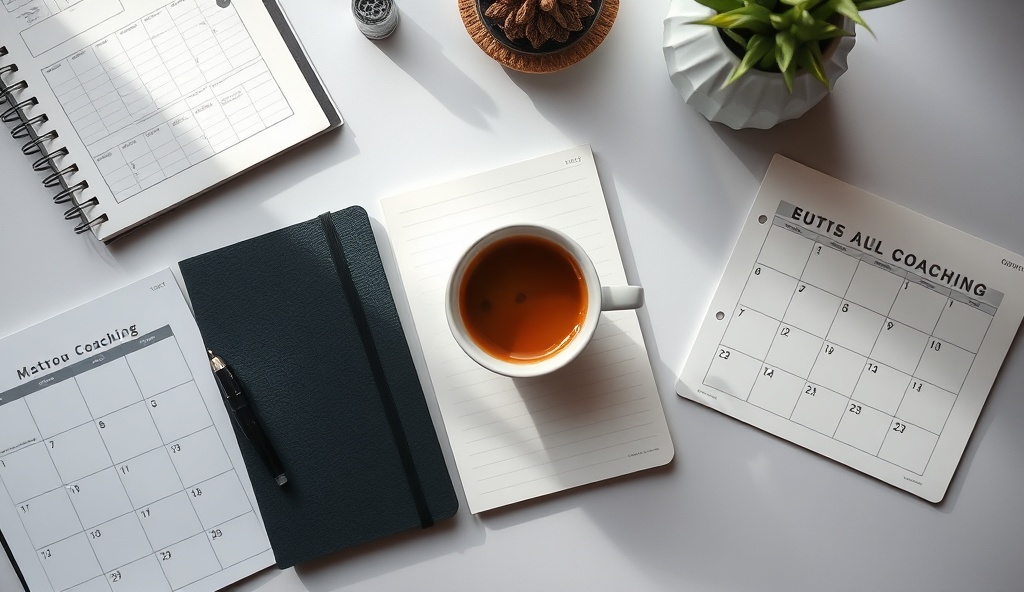 Coaching workspace with materials and coffee