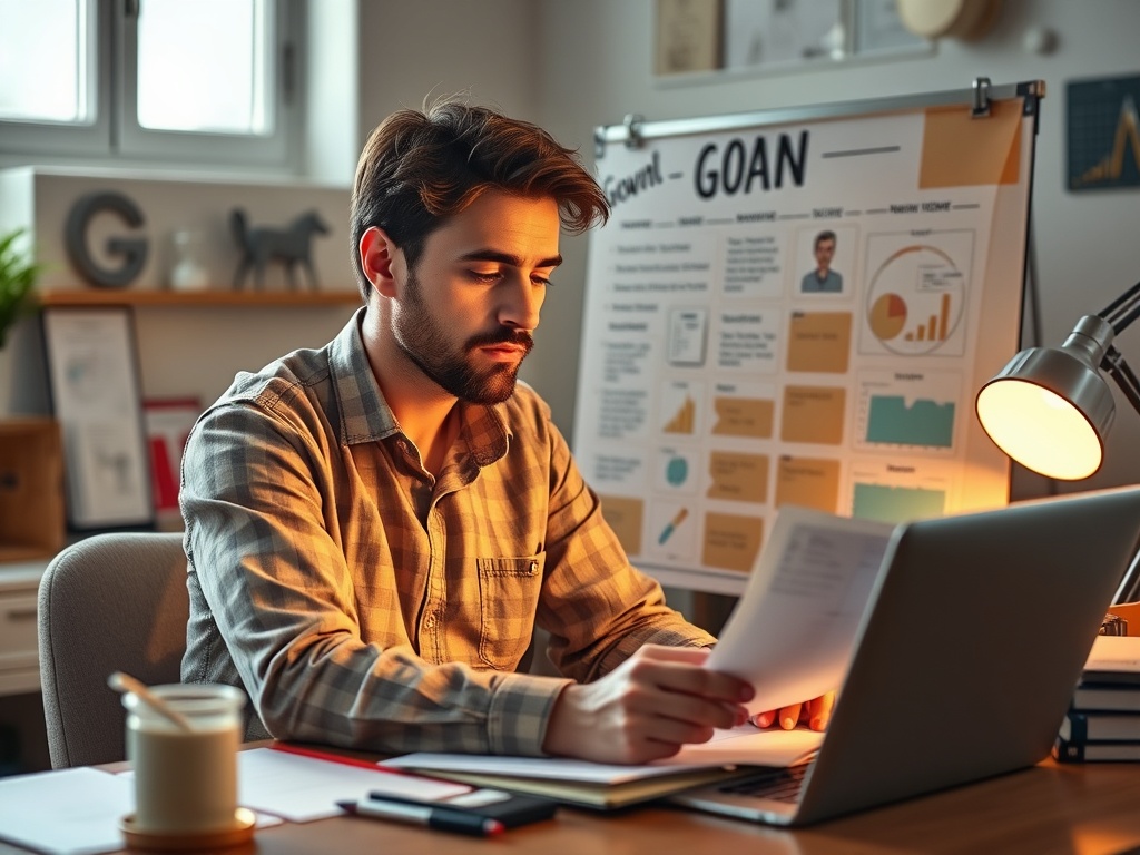 Person working on goal-setting with vision board and planning materials