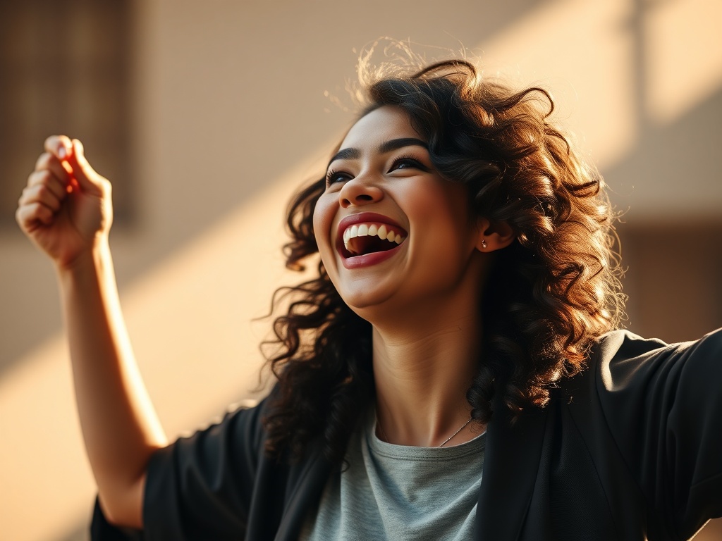 Person celebrating achievement with genuine joy and satisfaction