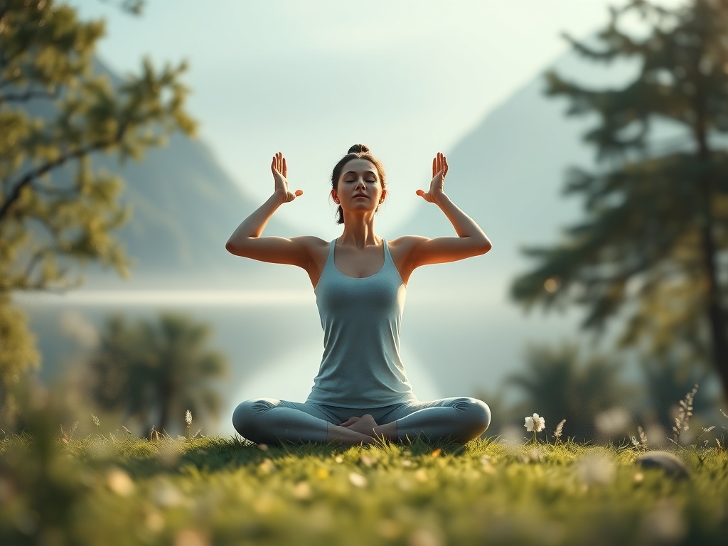 Person practicing breathing exercises in serene nature setting