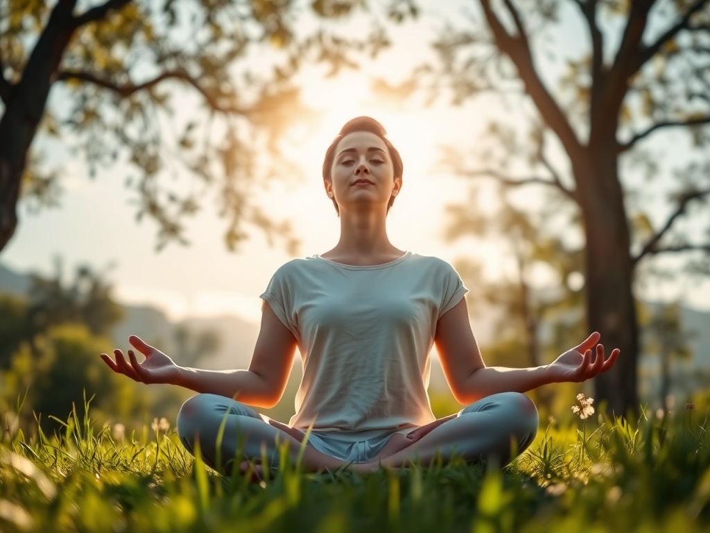 Person in deep meditation surrounded by peaceful nature