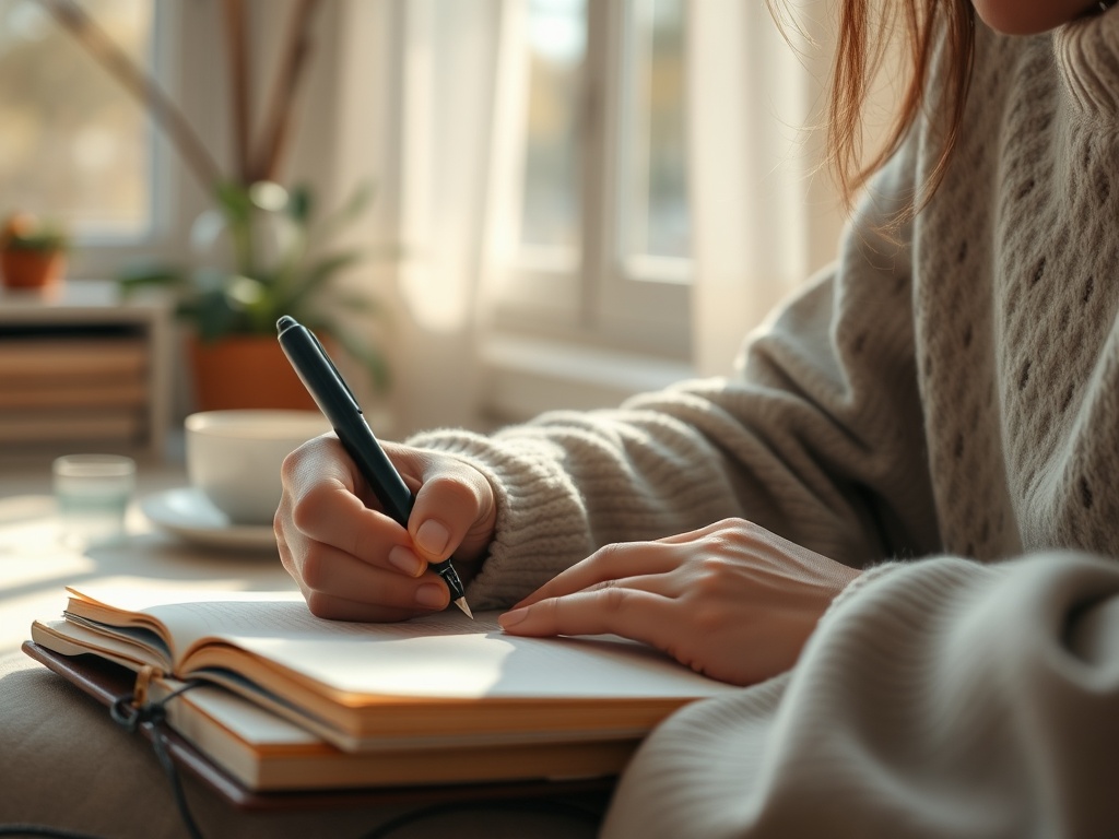 Person journaling with pen and notebook in cozy morning light