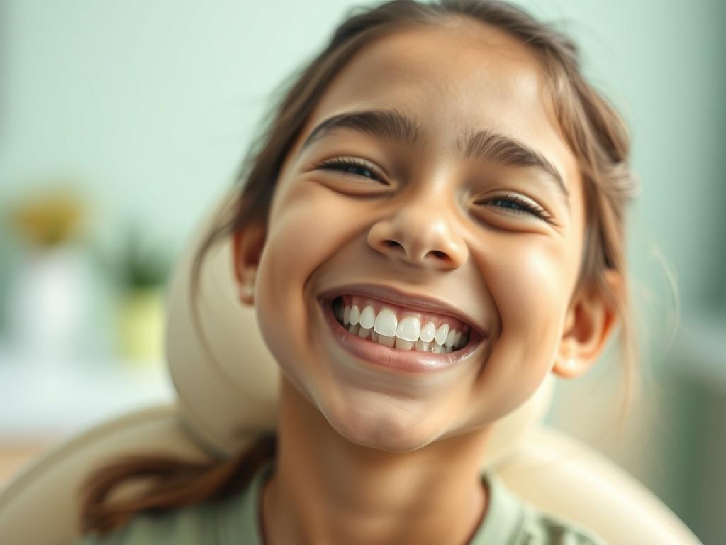 Create a high-resolution, hyper-realistic image that captures the essence of dental care focused on tooth sealants. The composition should be simple and clear, featuring a close-up shot of a confident patient, ideally a young child or a teenager, smiling widely to showcase their gleaming, well-cared-for teeth. 

The background should be softly blurred to maintain focus on the subject, composed of soothing colors that evoke a welcoming dental office environment at Cosmo Smiles Dental in Arlington. Subtle gre