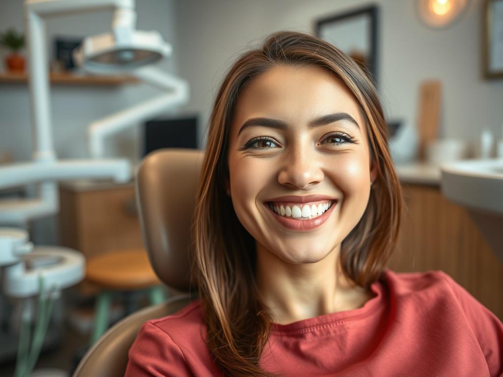 **Prompt for AI Image Generator:**

Create a realistic high-resolution photo that captures the essence of dental care and teeth whitening. The composition should feature a smiling female patient sitting comfortably in a dental chair at Cosmo Smiles Dental, a well-established dental office in Arlington. The subject should be in focus, showcasing her bright, white teeth and natural, joyful expression, as she beams with confidence. 

The background should subtly display the cozy and modern interior of the dent