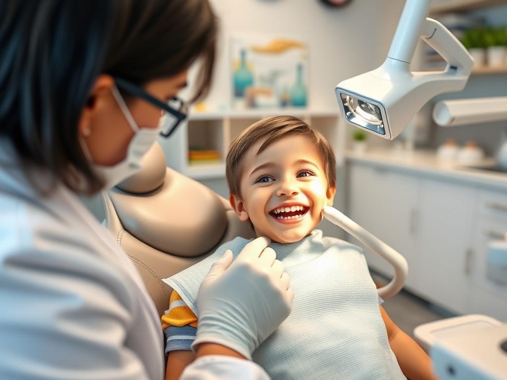 Create a realistic high-resolution photo that captures the essence of dental care at Cosmo Smiles Dental, a top-rated clinic in Arlington specializing in tooth sealants for both kids and adults. The image should feature a cheerful young child sitting in a modern dental chair, wearing a colorful dental bib, with a bright smile showcasing their sealed teeth. The dentist, a professional in a white coat and gloves, should be gently examining the child's mouth while using advanced dental technology, such as a di