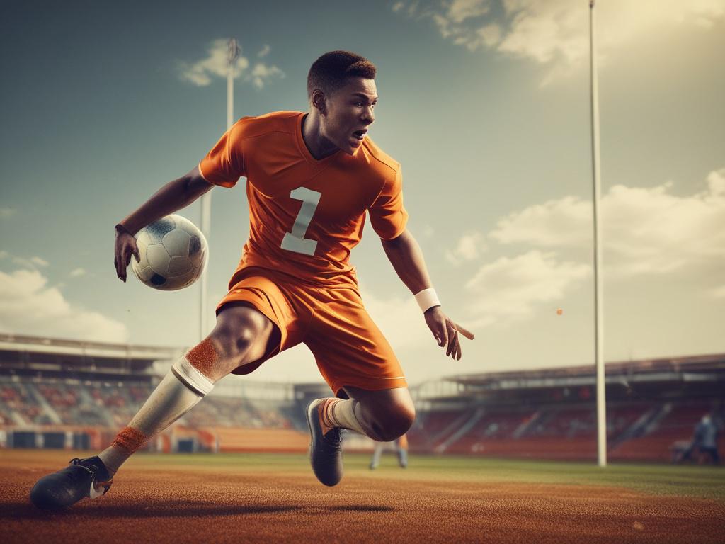 A young football player in action, practicing fundamental skills on a sunny football field, wearing a burnt orange jersey, focused expression, with a clean background showing goalposts and the sky.
