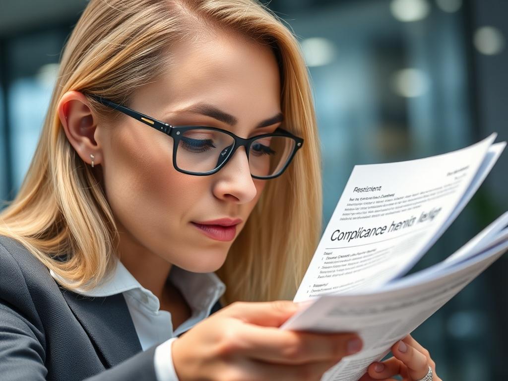 A close up shot of a professional analyzing compliance documents,