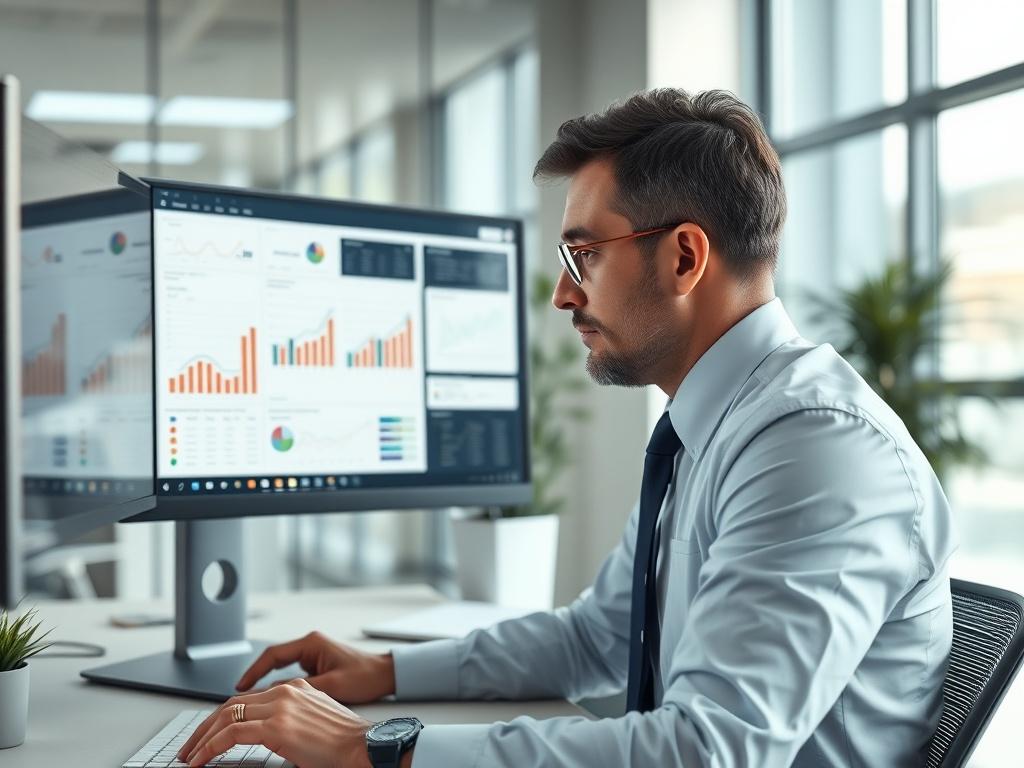 A professional reviewing data on a computer screen, with graphs