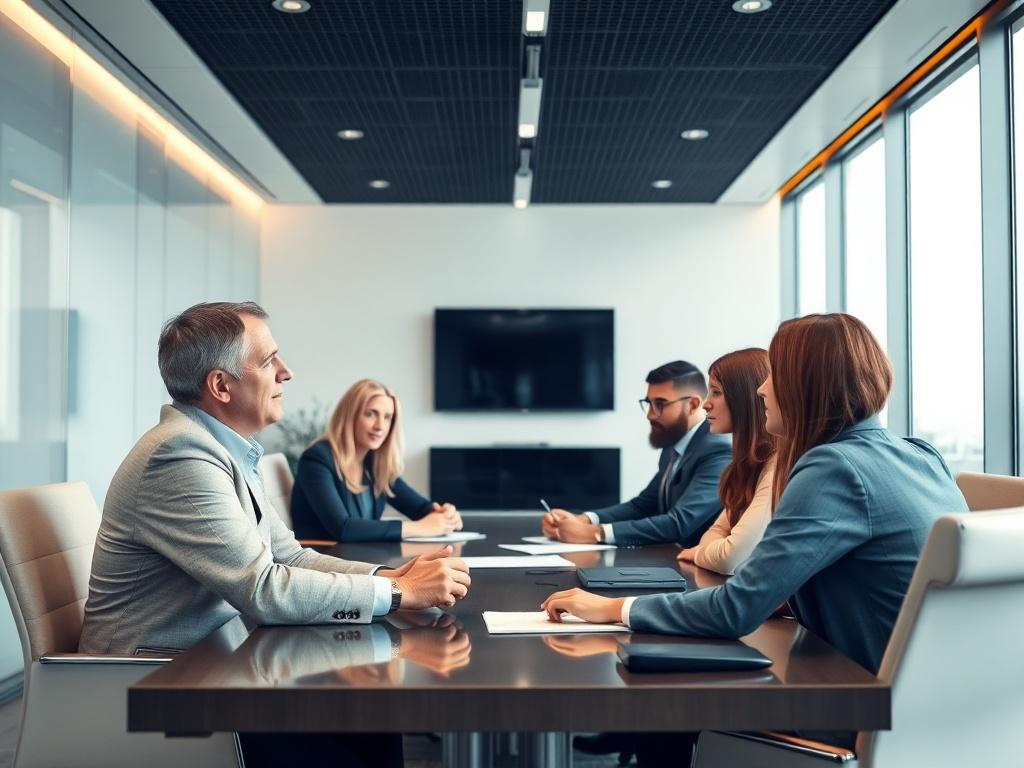 An executive discussing compliance strategies with a team, showcasing a