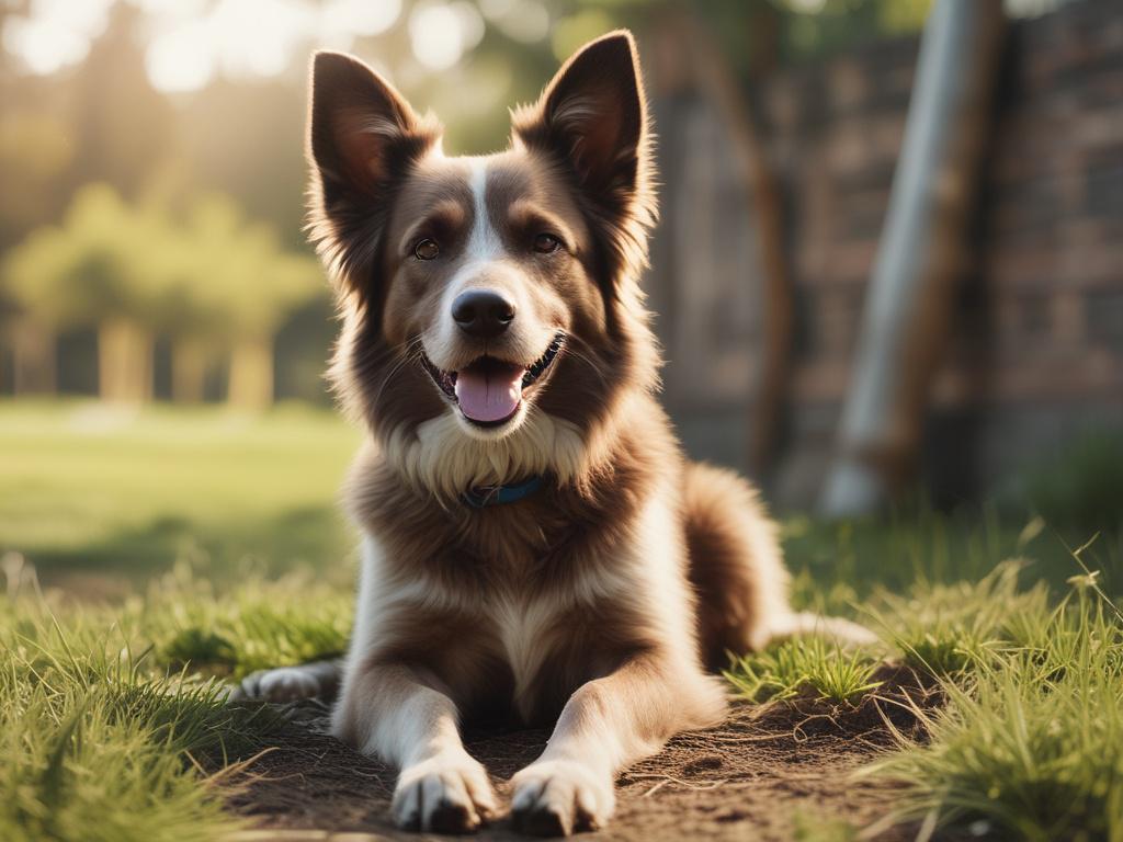 a clean backyard with a happy dog playing, grass, natural sunlight, rustic aesthetic, earthy tones