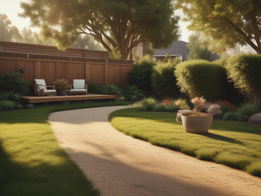 a serene backyard with a pet waste removal team at work, lush grass, natural textures, warm sunlight