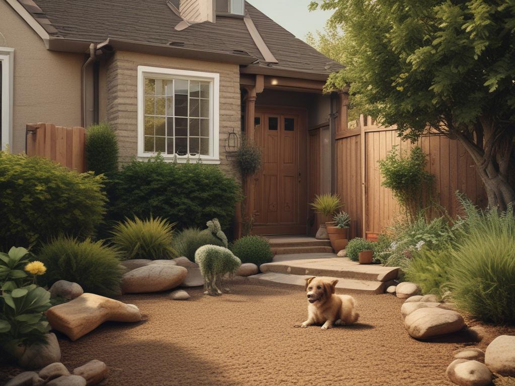 a vibrant backyard with a pet waste removal service in action, bright colors, natural landscape, earthy elements